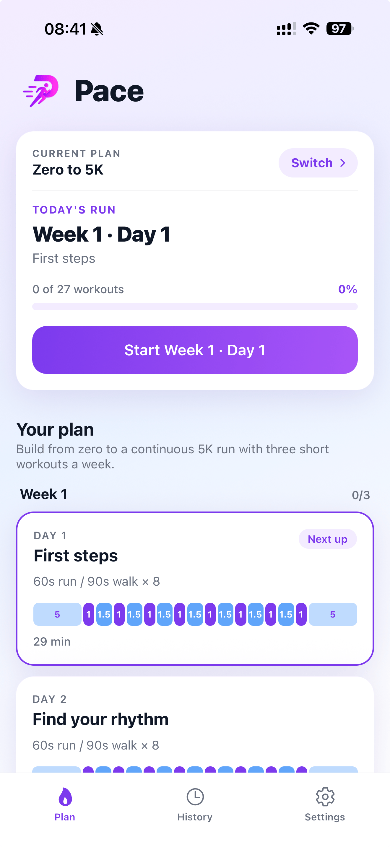 Pace home screen showing the Zero to 5K plan on Week 1, Day 1