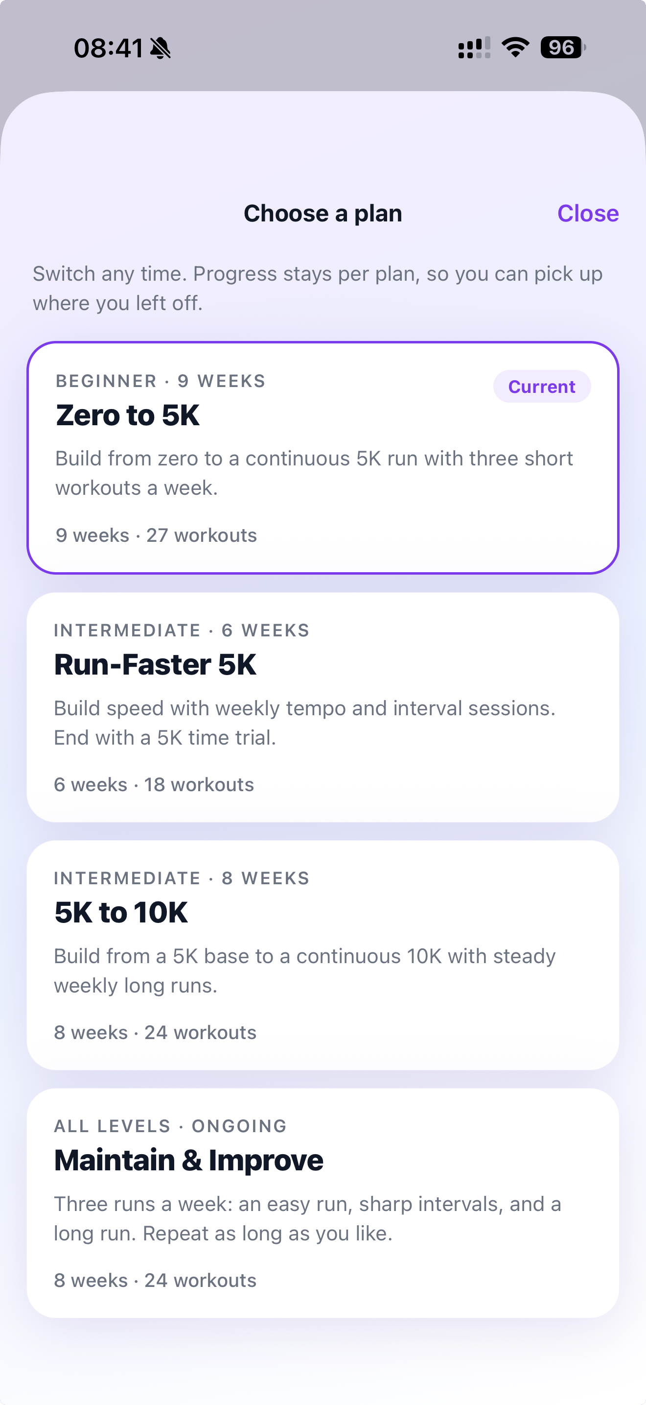 Pace plan picker showing Zero to 5K, Run-Faster 5K, 5K to 10K, and Maintain & Improve