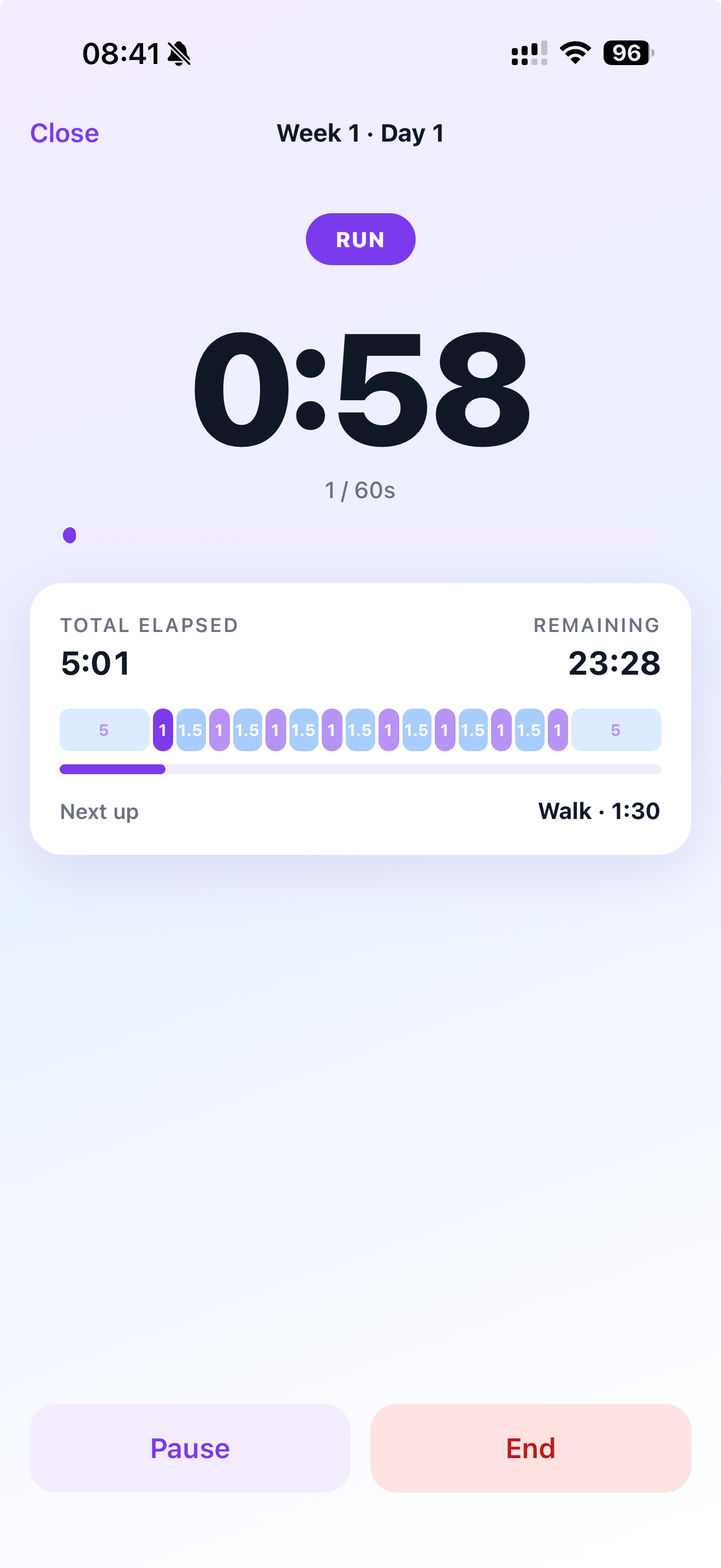 Pace active run screen counting down a 60-second interval